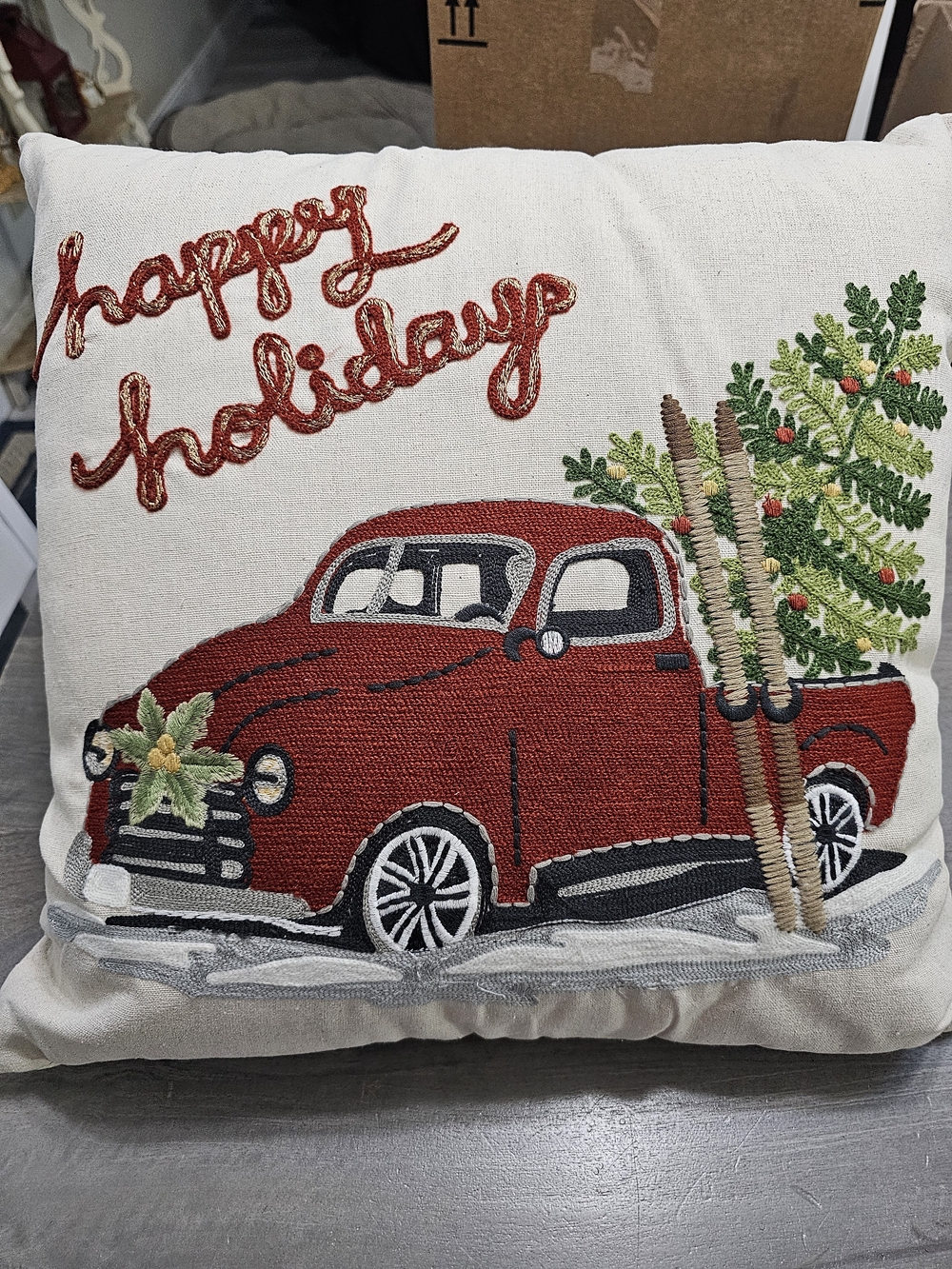 Pier 1 Red Truck Holiday Embroidered Pillow